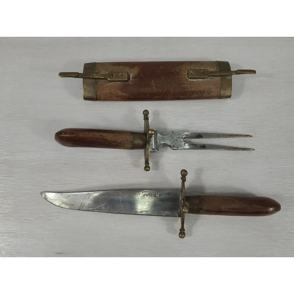 Vintage Indian Meat Carving Set Knife & Fork With Wood‎ Handle & Sheath
